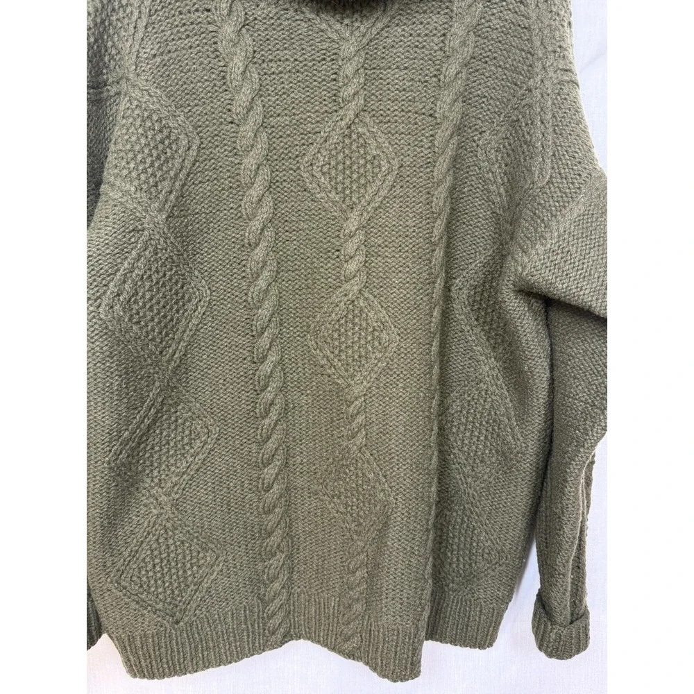 VTG Hand Knit Shetland Wool Cable Knit Turtleneck Sweater Womens M‎ Green Chunky